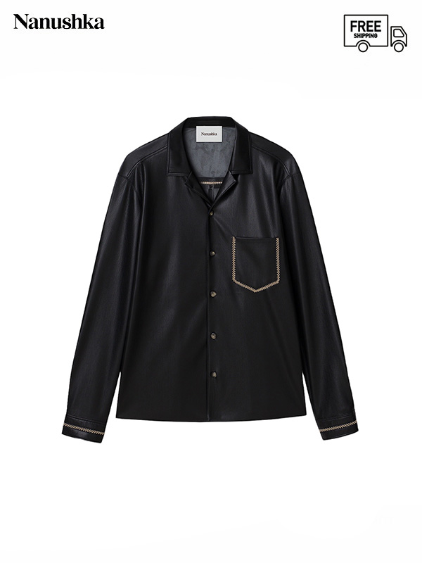 画像1: 送料無料【NANUSHKA - ナヌーシュカ】Vegan leather merrow-stitch L/S shirt / Black (シャツ/ブラック) (1)