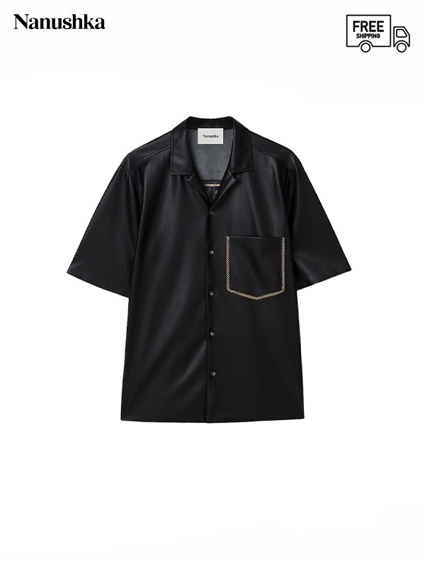 画像1: 送料無料【NANUSHKA - ナヌーシュカ】Vegan leather merrow-stitch S/S shirt / Black (シャツ/ブラック) (1)