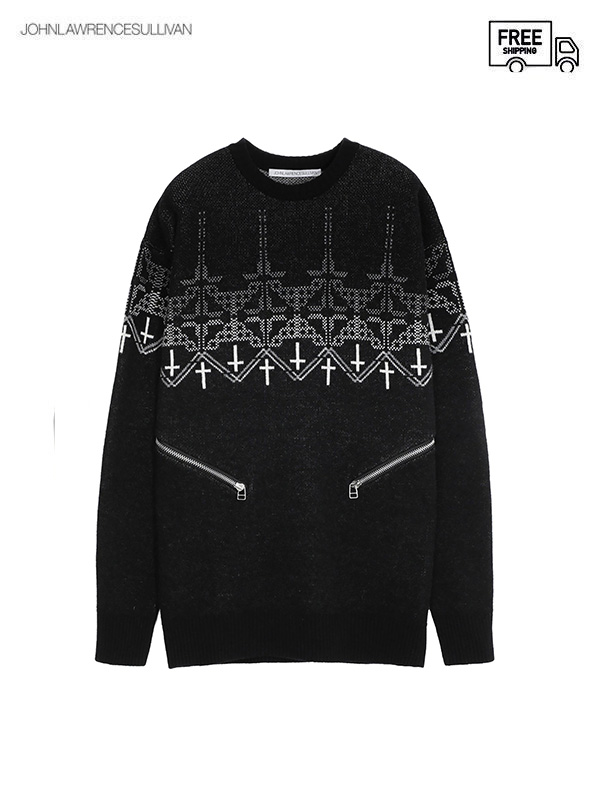 画像1: 送料無料【JOHN LAWRENCE SULLIVAN - ジョンローレンスサリバン】Fairisle oversized knit sweater / BLACK （セーター/ブラック） (1)