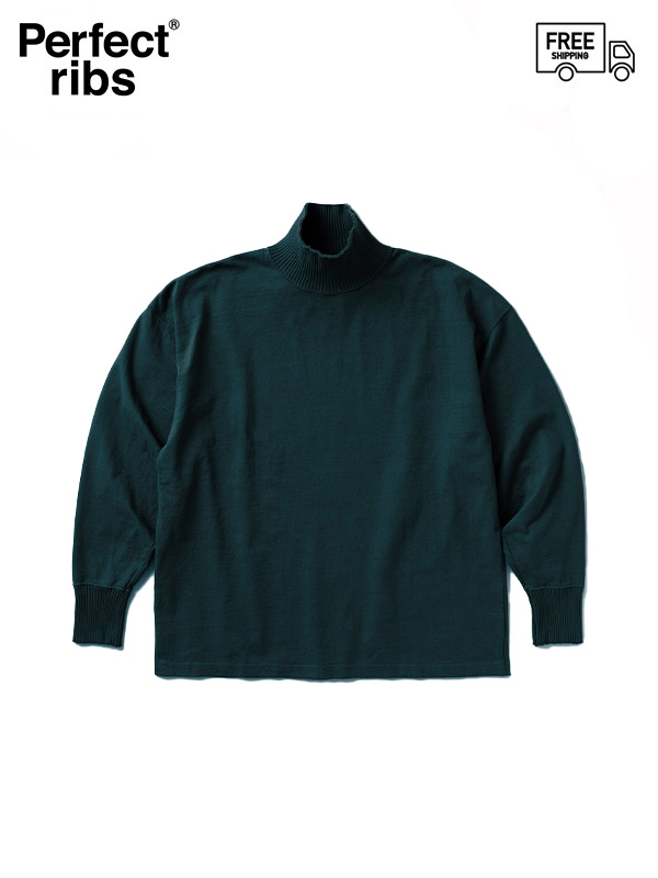 画像1: 送料無料【Perfect ribs® - パーフェクトリブス】High Neck Side Slit  Long Sleeve T Shirts / Charcoal Green (Tシャツ/チャコールグリーン) (1)